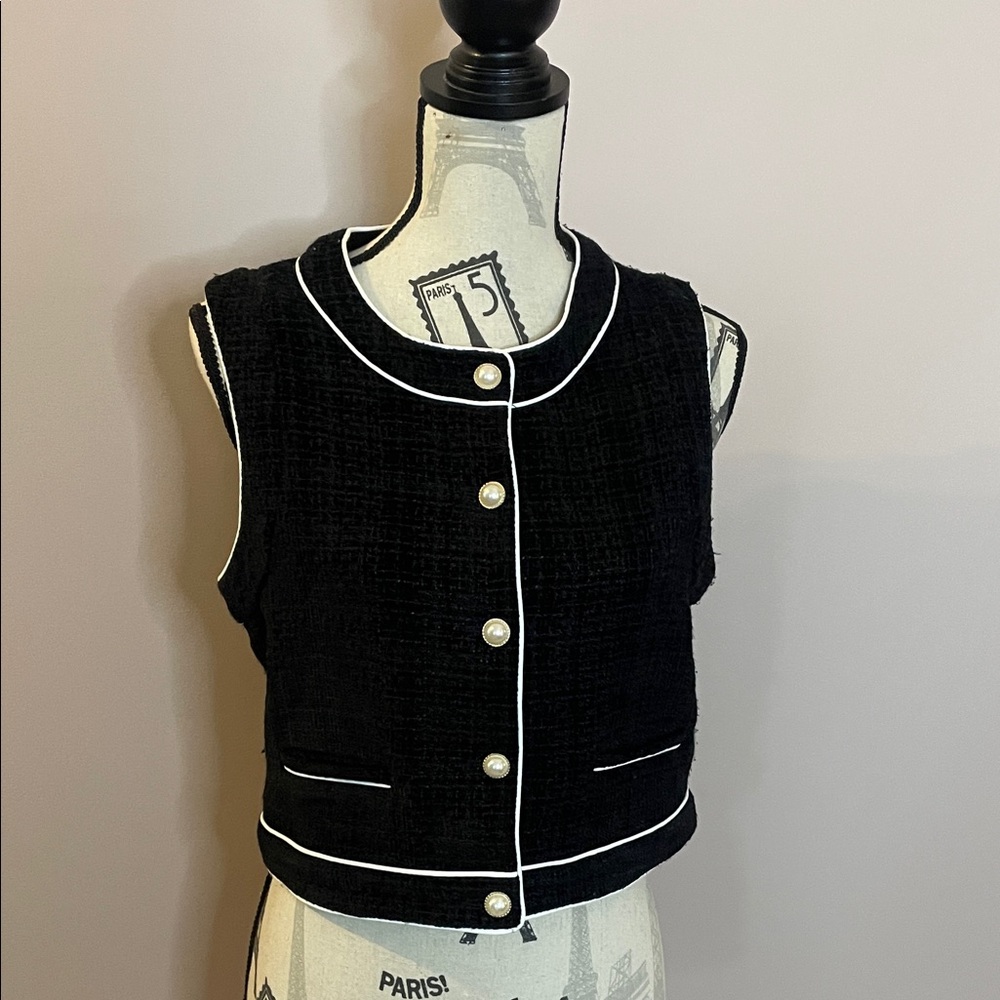 Rachel Zoe Black Textured Vest with White Trim And Pearl Button Accents